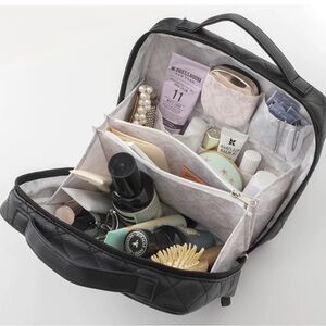 Japanese Leur Charme Black Faux Leather Medium Makeup Organizer Pouch Bag